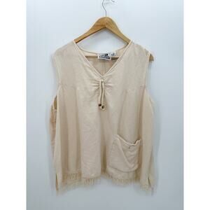 Nubian Queen Tank Women 4X Cream Rayon Linen Lagenlook Boho Fringe Pocket Shirt